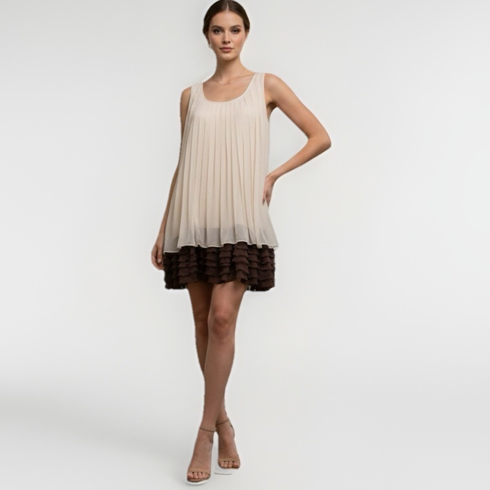 NEW Anthropologie Ryu Pleated Ruffle Babydoll Dress SMALL Sleeveless Beige/Brown